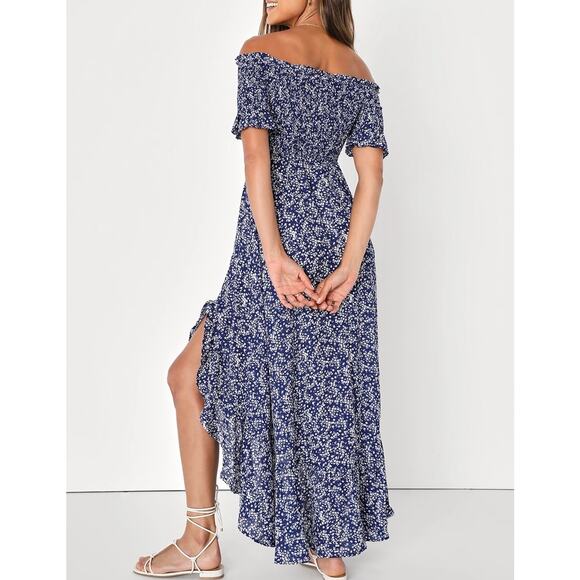 LULUS Fleurtation Floral Print Off Shoulder Midi Dress Navy Blue Medium M - Picture 3 of 12